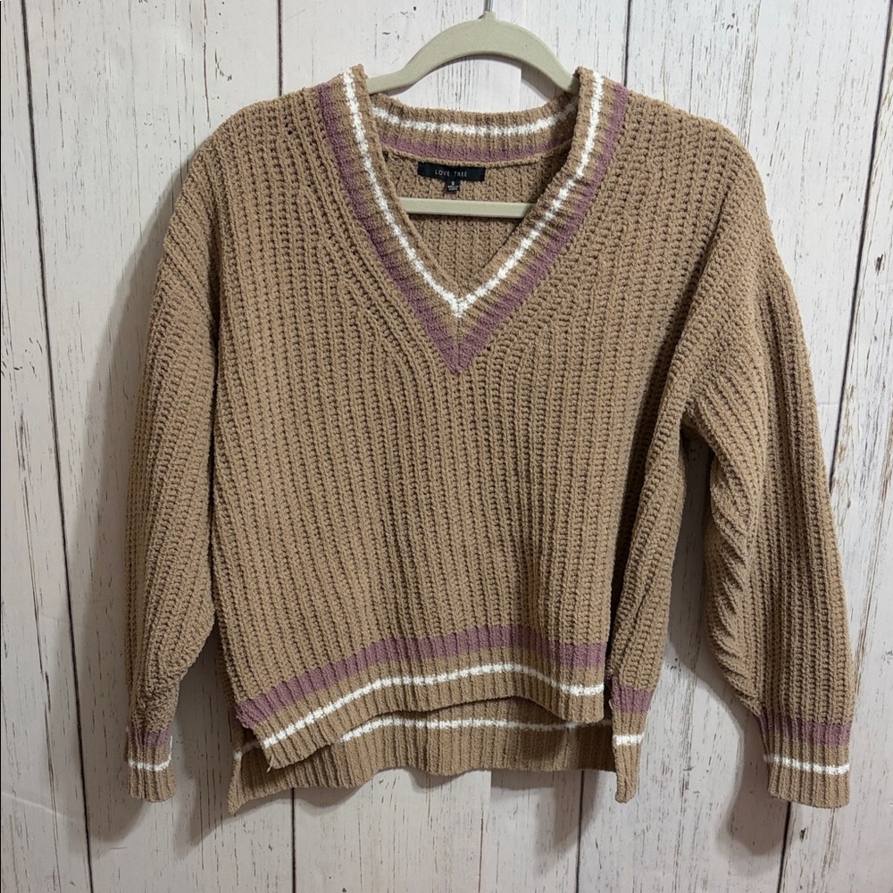 Love Tree Tan V-Neck Sweater with Purple and White Details